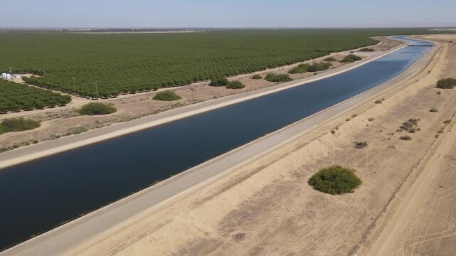 Aerial shot of one of the aqueducts running through California's Central Valley that supplies water to Los Angeles and Southern California.