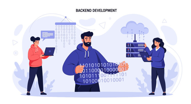Backend Development Team Working with Binary Code, Servers, and Cloud Computing