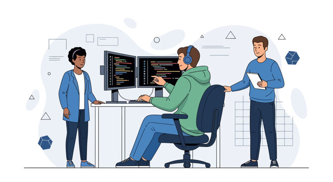 Diverse team collaborating on computer programming and software development in a modern office setting