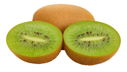 Fototapeta premium Isolated fresh whole and two sliced kiwi fruits showing vibrant green flesh and brown seeds