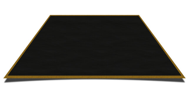 8K Black matte platform overlay with metallic gold frame, isolated 3D dark trapezoid podium for luxury product display and video motion graphics