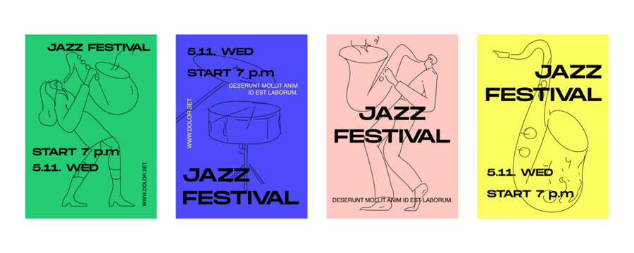 Modern festival poster set with minimalist line drawings, geometric forms, and experimental typography. Contemporary graphic design combining neo-brutalist aesthetics, clean layouts, and vibrant color