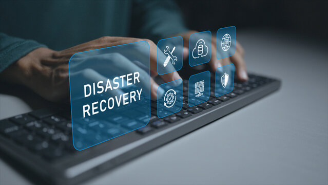 Disaster recovery concept. Person typing keyboard with backup and cybersecurity icons, business continuity, data recovery and risk management solutions.
