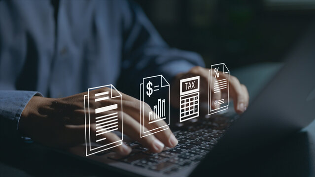 Income payer concept. Person using laptop with payment and financial document icons, salary processing, income distribution and financial transactions.