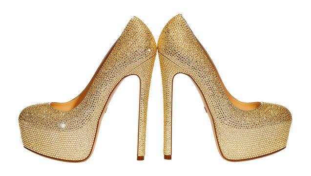 Isolated dazzling golden crystal platform high heels, sparkling elegant women's footwear