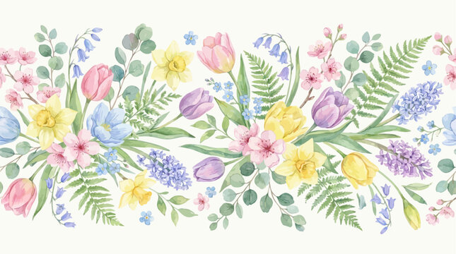 Set of ninety beautiful seamless horizontal floral pattern designs featuring delicate watercolor spring flowers for elegant textile printing and artistic nature background graphics