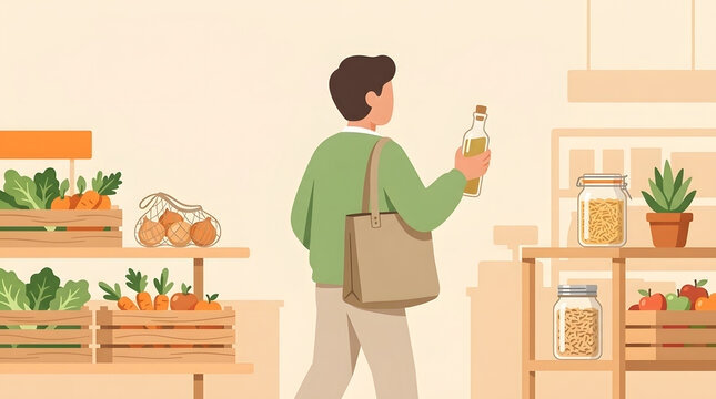 Person holding a glass jar in a grocery store aisle with fresh produce and pantry goods for intentional shopping decisions