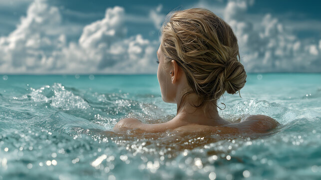 A woman seen from behind is swimming alone in the blue ocean