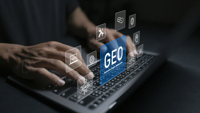 GEO generative engine optimization concept. Person using laptop with AI search and digital marketing icons, content optimization, search visibility and AI driven discovery.