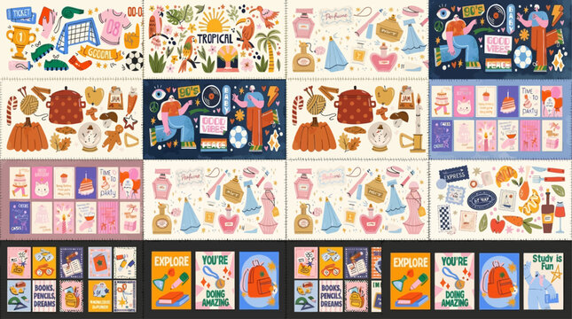 Elegant Collection of Eighty-One Beautiful Seamless Patchwork Patterns Featuring Hand Drawn Watercolor Artistic Geometric Shapes and Floral Motifs for Vibrant Textile Design and Backdrop.