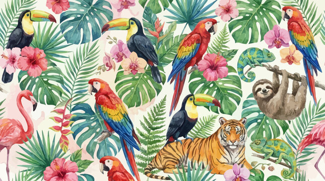 Vibrant Tropical Jungle Pattern Featuring Exotic Wild Animals and Lush Botanical Flowers Hand Drawn in Watercolor Style for Artistic Fabric Print Design or Elegant Wallpaper Background