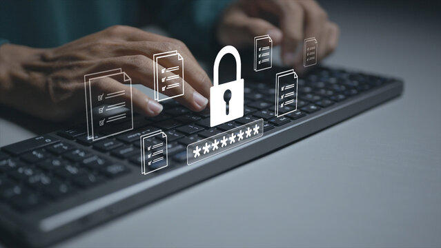 Documents confidentiality concept. Person typing keyboard with document security and privacy icons, confidential information protection, secure file management and data privacy.