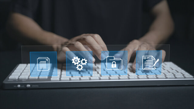 Automated process to manage document files concept. Person typing keyboard with document workflow and automation icons, digital file organization, data management and business efficiency.