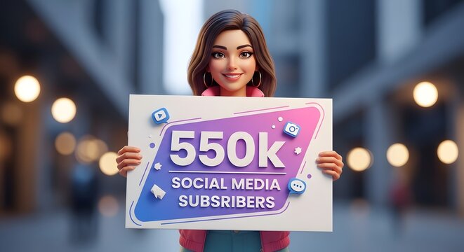Woman holding a sign celebrating reaching five hundred fifty thousand social media subscribers in a bright urban setting.