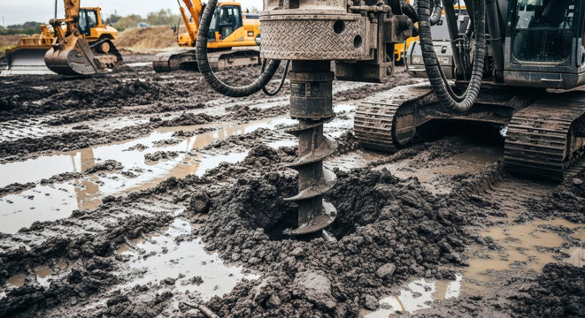 Industrial earth auger drilling deep holes into wet muddy ground at a large construction site with heavy yellow machinery nearby