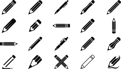 Pencil and pen writing stationery icon set featuring black silhouettes of sharp wooden pencils ink pens ballpoint tools and creative drawing office supply pictograms © Rajkumar