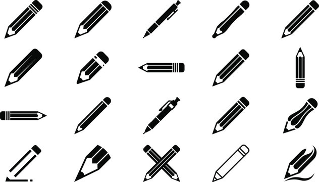Pencil and pen writing stationery icon set featuring black silhouettes of sharp wooden pencils ink pens ballpoint tools and creative drawing office supply pictograms