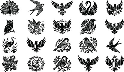 Bird silhouette logo and ornate wildlife emblem set featuring black line art vectors of heraldic eagles peacocks swans owls swallows and decorative filigree mascot pictograms © Rajkumar