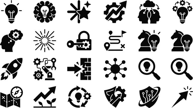 Business strategy and innovation icon set featuring black silhouettes of lightbulbs rocket launches chess pieces roadmap timelines magnifying glasses and startup growth concept pictograms