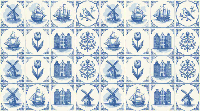 Elegant collection of seamless vector pattern featuring hand-drawn watercolor blue dutch tile with traditional floral motif and intricate ceramic folk art design for vintage background