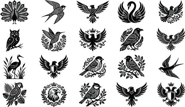 Bird silhouette logo and ornate wildlife emblem set featuring black line art vectors of heraldic eagles peacocks swans owls swallows and decorative filigree mascot pictograms