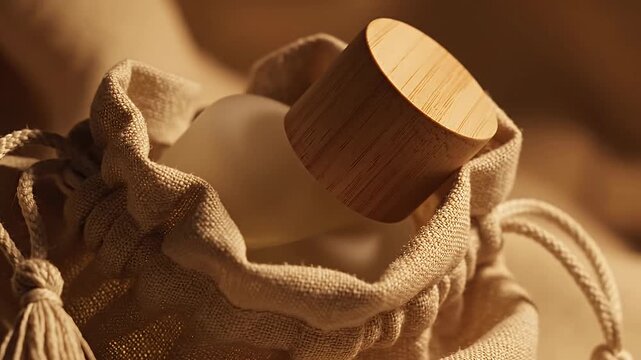 Natural skincare product in burlap pouch with wooden lid.