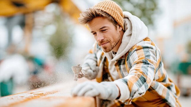 A focused young man skillfully shapes wood in a workshop, embodying dedication and craftsmanship as he produces high-quality wooden creations with expert precision.