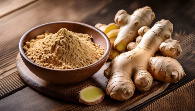 Ginger Root And Ginger Powder Ina Bowl On Wooden Table