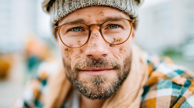 A cheerful man with a sandy face smiles, exuding warmth and charm, capturing the essence of a joyful day spent outdoors at the beach or a fun event.