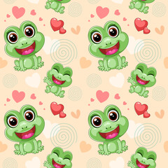Obraz premium Cute Cartoon Frog Seamless Pattern with Hearts and Swirls Vector Illustration