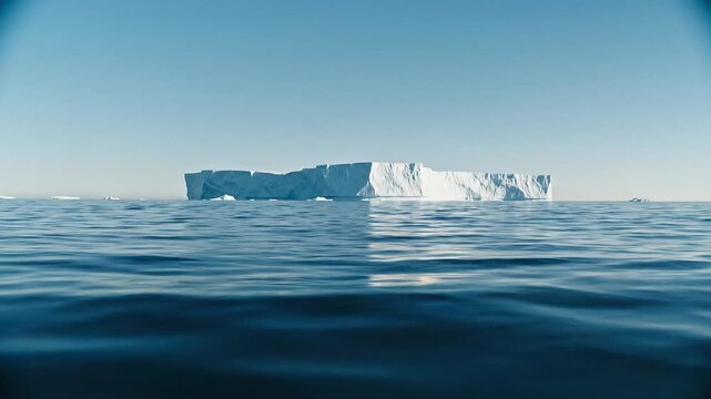 Massive Tabular Iceberg Drifting Silently On Open Horizon Deep Blue Ocean Cinematic POV Video Footage