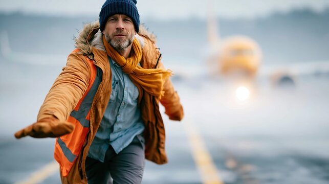 A confident man in vibrant attire directs traffic on a foggy runway, showcasing authority, clarity, and focus in an artistic portrayal of aviation and urban life.