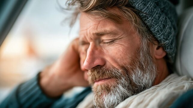 A contemplative middle-aged man with a beard and woolen hat relaxes in a car, emphasizing tranquility and deep thought amidst a serene atmosphere during a calm day.