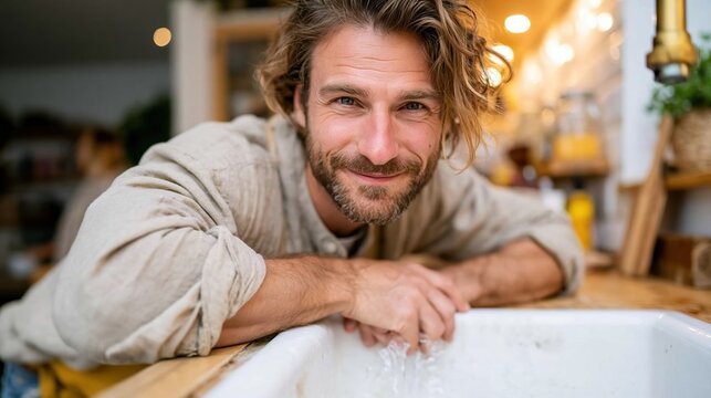 A cheerful man leans on a rustic sink in a cozy kitchen filled with natural light, exuding a sense of warmth and inviting atmosphere, perfect for a relaxed lifestyle.