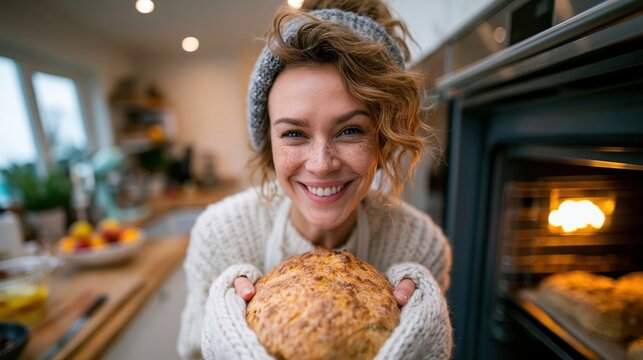 A cheerful woman beams with joy while holding a freshly baked loaf of bread, illustrating the love of cooking and the joy found in culinary creations at home.