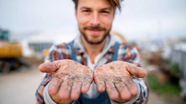 A proud man shows his dirty hands, symbolizing hard work and dedication in construction or farming, showcasing the connection between labor and personal identity in a rugged environment.