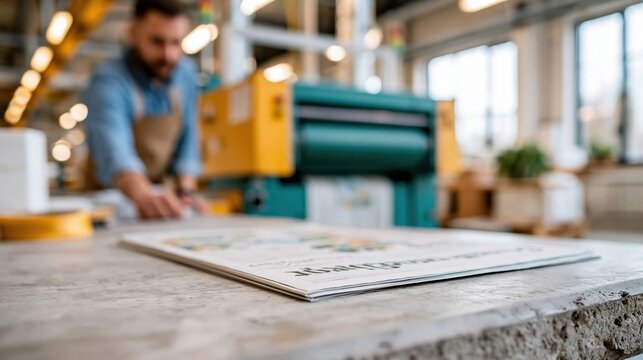 A focused man works diligently at a printing press in a spacious workshop, capturing the essence of craftsmanship and the artistry involved in print production.