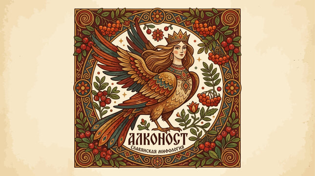 Intricate Slavic Mythology Alkonost Bird Woman Illustration in Ornate Decorative Frame Vintage Folk Art Vector Graphic Featuring Mythical Legendary Creature and Traditional Russian Patterns