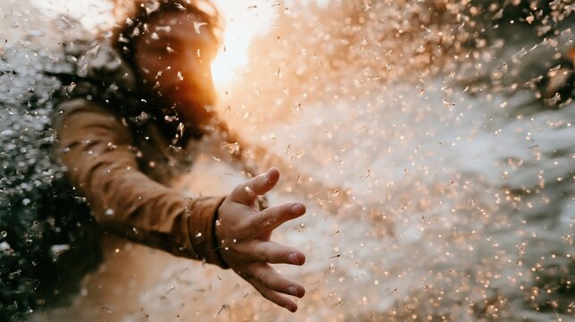 A hand reaches out through a cloud of twinkling dust, encapsulating a moment of vulnerability and hope as the warm sunlight creates a magical atmosphere.