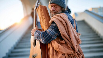 Obraz premium A man holds a guitar and embraces his backpack while standing on urban steps, showcasing a connection to music and adventure in a sunset-lit city atmosphere.