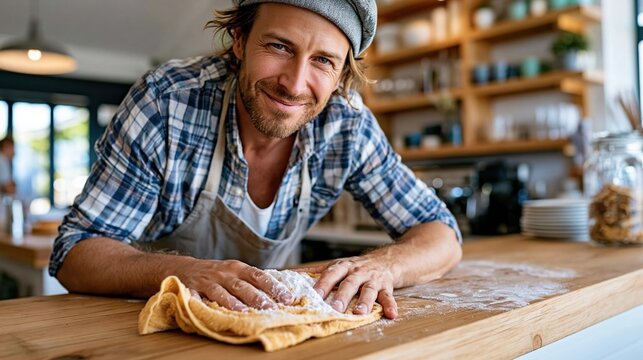 The image shows a smiling baker working with dough in a cozy bakery, highlighting the joy of baking and the craft behind delicious pastries and bread.