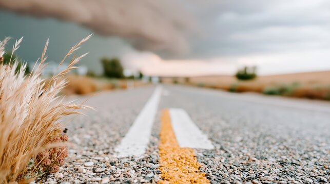 An empty road stretches into the distance under ominous dark storm clouds, capturing the tension between nature's beauty and its wild unpredictability.