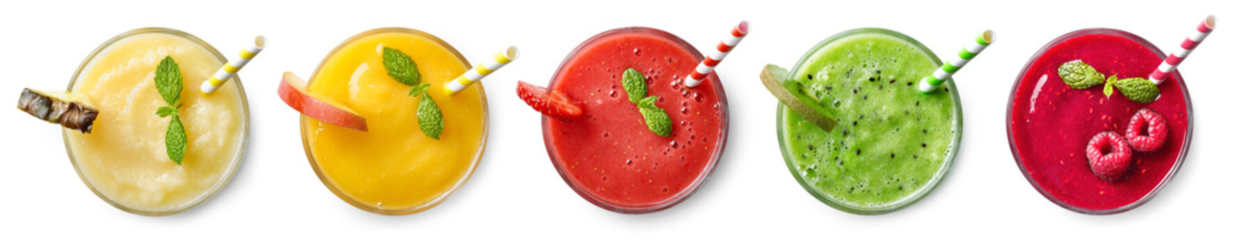 Set of various fresh fruit smoothies on white background