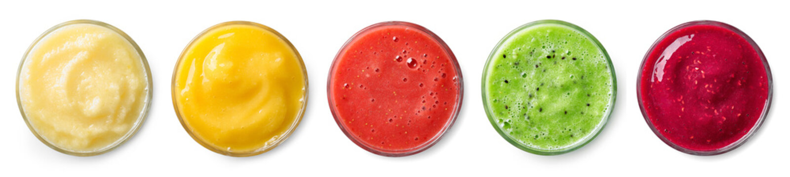 Set of various fresh fruit smoothies on white background