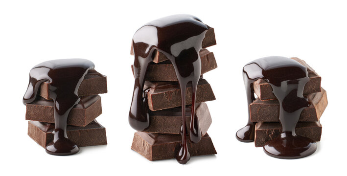Three stacks of chocolate pieces with melted chocolate pouring over them