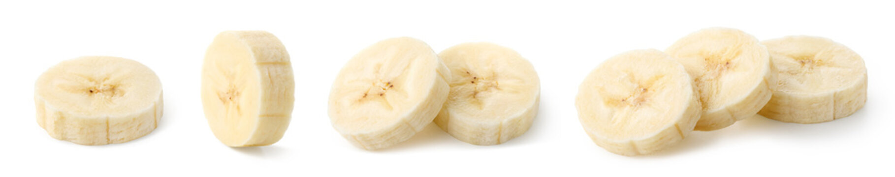 Set or collection of various fresh ripe banana slices on white background
