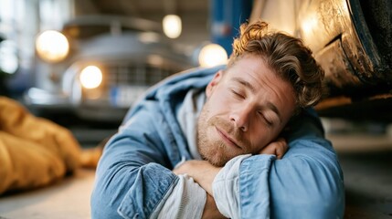 Obraz premium A mechanic peacefully rests on the workshop floor, showcasing the hard work and dedication of tradespeople, while capturing an intimate moment of well-deserved repose.