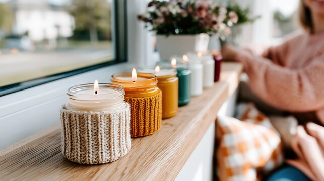 A lovely array of colorful candles lit on a wooden shelf, creating a warm, inviting atmosphere that inspires relaxation and comfort in a peaceful living space.