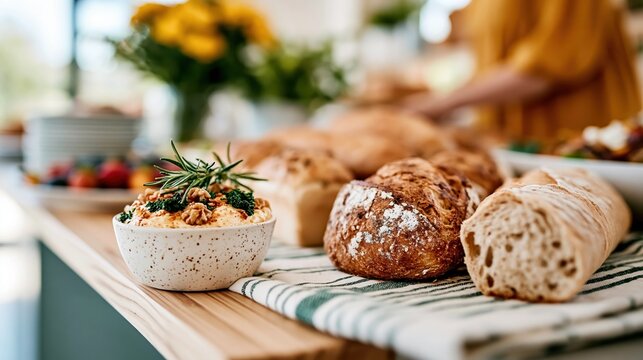 A delightful spread of freshly baked bread and savory goods, featuring a beautifully arranged display that evokes warmth and the joy of sharing meals with loved ones.