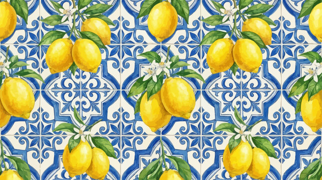 Vibrant Mediterranean Sicilian Majolica Seamless Pattern Featuring Hand Drawn Watercolor Yellow Lemons, Green Leaves, and Blue Ceramic Tile Ornament for Textile Wallpaper Background Design